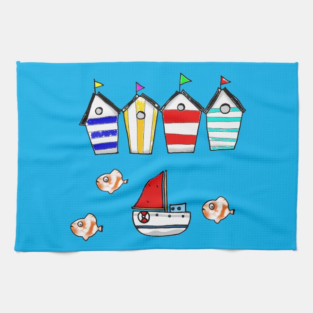 fun beach house & sea boat kitchen towel (Horizontal)