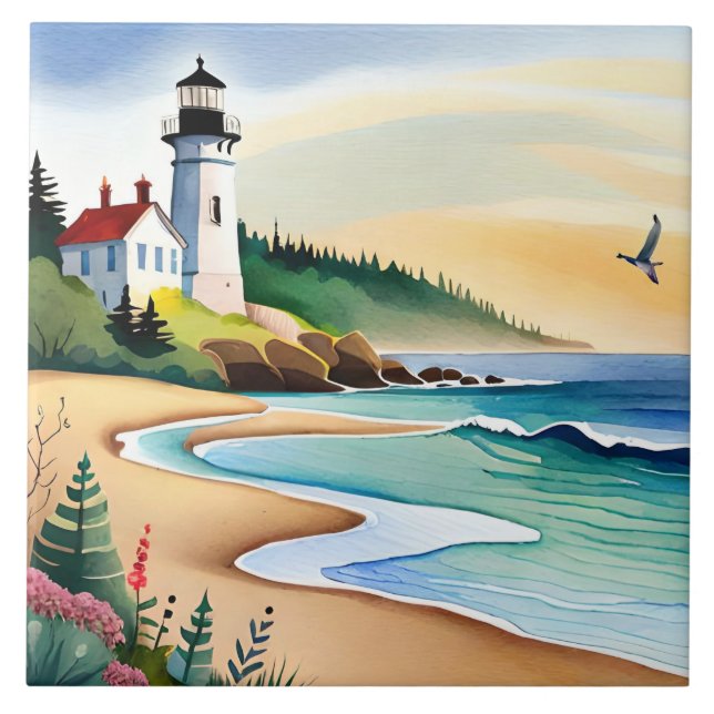 Fun beach lighthouse lovers  ceramic tile (Front)