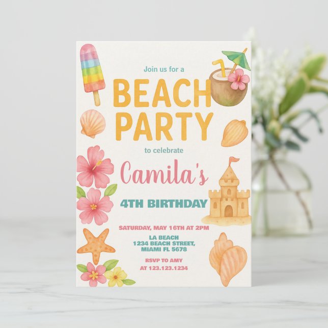 Fun Beach Party Birthday Invitation & Decor (Standing Front)