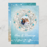 Fun Beach Photo Coastal Christmas Wreath Holiday Card<br><div class="desc">Create your own DIY beautiful beach Christmas cards personalized with 3 photos! This unique design illustrated by Raphaela Wilson features a unique watercolor coastal Christmas wreath - beach style with white starfish shells, blue holiday tree bulbs; white rustic string lights, golden sand and peaceful ocean waves... All the beach style...</div>