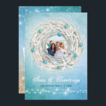 Fun Beach Photo Coastal Christmas Wreath Holiday Card<br><div class="desc">Create your own DIY beautiful beach Christmas cards personalized with 3 photos! This unique design illustrated by Raphaela Wilson features a unique watercolor coastal Christmas wreath - beach style with white starfish shells, blue holiday tree bulbs; white rustic string lights, golden sand and peaceful ocean waves... All the beach style...</div>