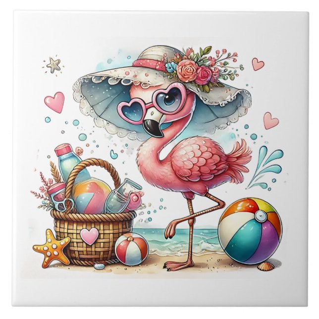 Fun beach pink flamingo  ceramic tile (Front)