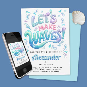 Fun Beach Pool Party Blue Purple Water Splash Typo Invitation