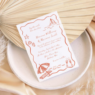 Fun Beach Red Whimsical Sketch Hand Drawn Wedding Invitation