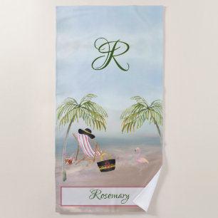 Fun Beach Scene Glam Palm Tree Monogram Name Beach Towel