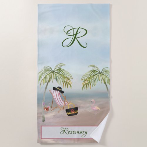 Fun Beach Scene Glam Palm Tree Monogram Name Beach Towel