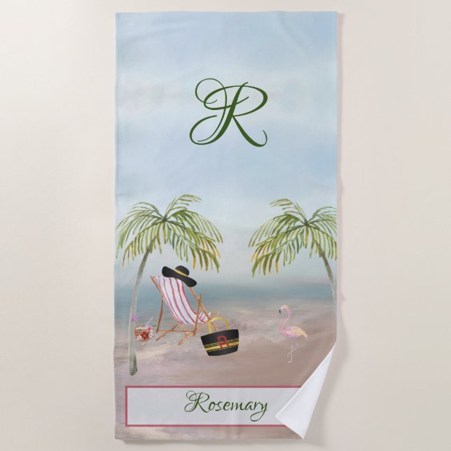 Fun Beach Scene Glam Palm Tree Monogram Name Beach Towel (Front)