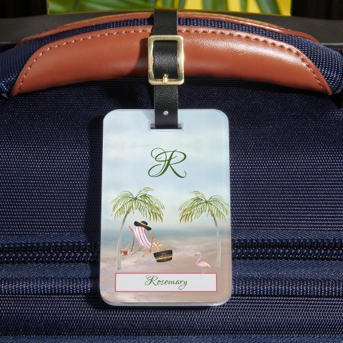 Fun Beach Scene Glam Palm Tree Monogram Name Luggage Tag