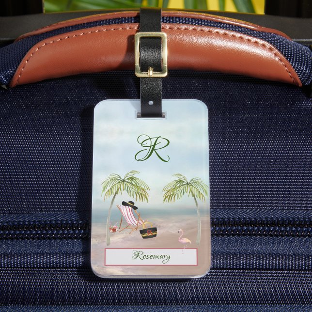 Fun Beach Scene Glam Palm Tree Monogram Name Luggage Tag (Creator Uploaded)