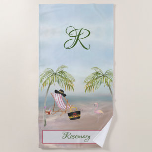 Fun Beach Scene Glam Palm Tree Monogram Name Towel