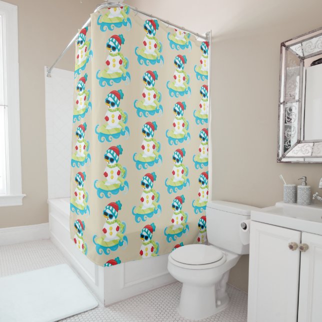 Fun Beach snowman Holiday surfing shower curtain (In Situ)