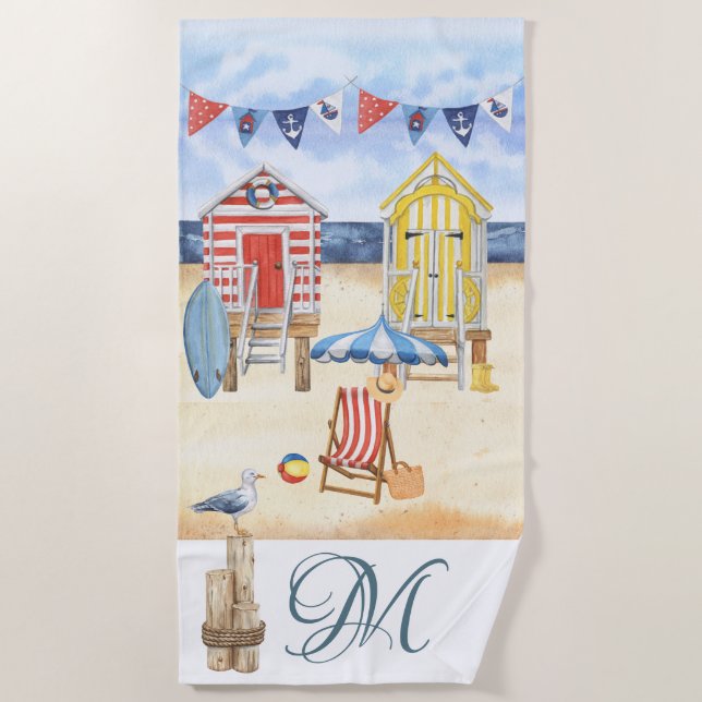 Fun Beach Summer Scene Ocean Monogram Beach Towel (Front)
