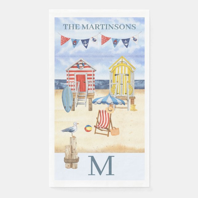 Fun Beach Summer Scene Ocean Monogram Paper Guest Towels (Front)