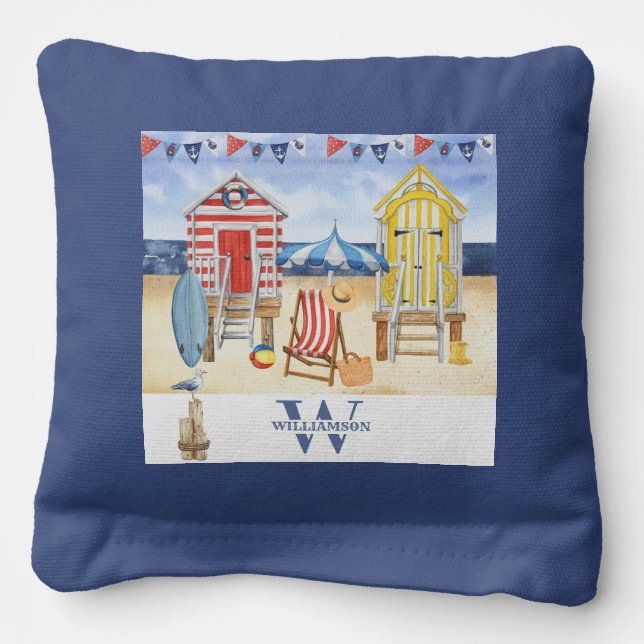 Fun Beach Summer Scene Ocean Name  Cornhole Bags (Front)