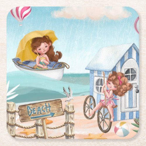 Fun Beach Summer with Friends   Square Paper Coaster