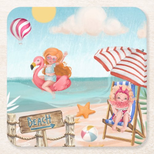 Fun Beach Summer with Friends   Square Paper Coaster