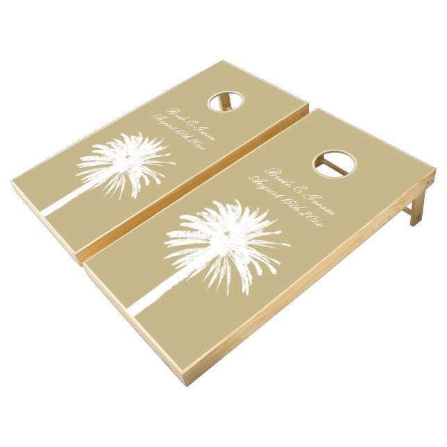 Fun beach wedding game palm tree logo Cornhole Set (Angled)