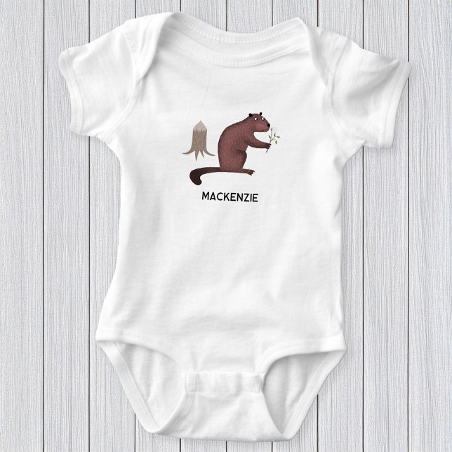 Fun Beaver Personalized Name Baby Bodysuit (Fun personalized custom name beaver baby bodysuit for little animal lovers)