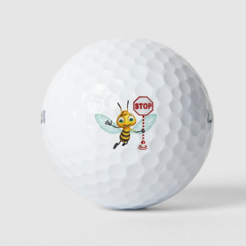 fun bee cartoon character with stop_sign golf balls