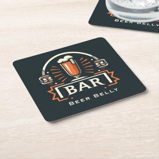 Fun Beer Belly Bar, Beer Mug Logo  Square Paper Coaster (Angled)