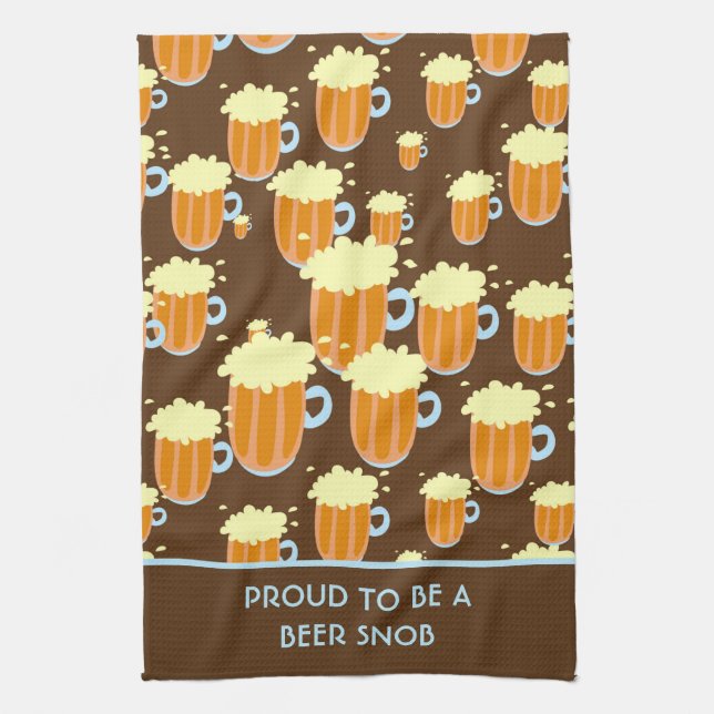 Fun Beer Snob Pattern on Brown and Blue Towel (Vertical)