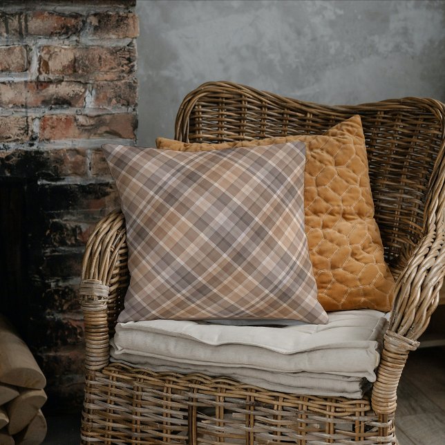 Fun Beige Tan Taupe Brown Gingham Plaid Pattern Throw Pillow (Creator Uploaded)