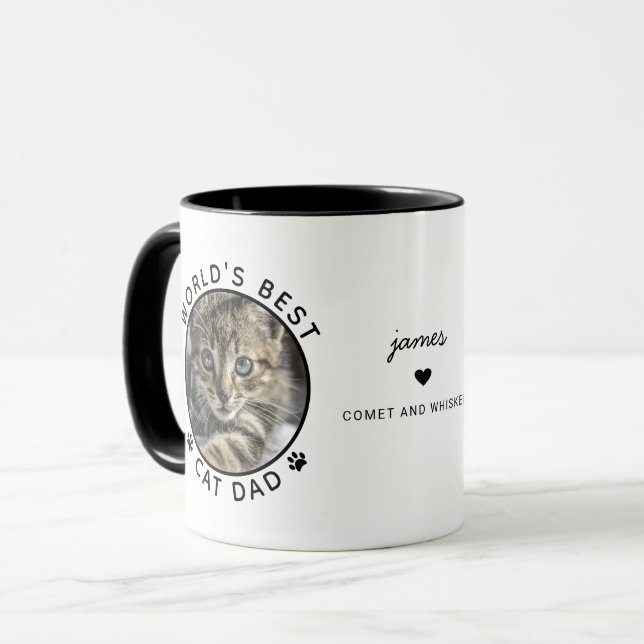 Fun Best Cat Dad Two Photo Modern Typography Mug (Front Left)