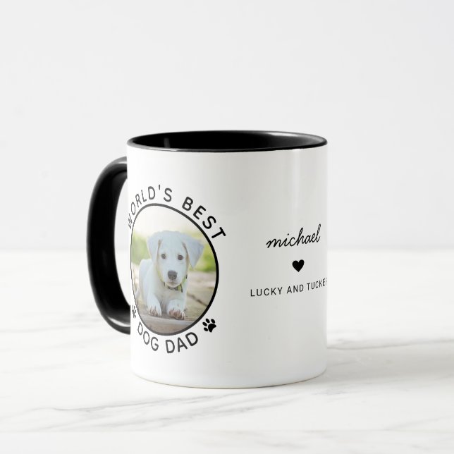 Fun Best Dog Dad Two Photo Modern Typography Mug (Front Left)