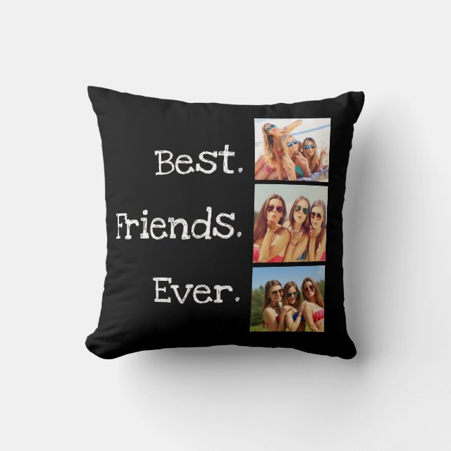 Fun Best Friends Ever Quote 3 Photo Collage Black Throw Pillow (Front)