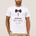 Fun Best Man Black Tie Mock Tuxedo Wedding T-Shirt<br><div class="desc">These fun t-shirts are designed as favors or gifts for your best man. The t-shirt is white and features an image of a black bow tie and three buttons. The text reads Best Man, and has a place to enter the his name as well as the wedding couple's name and...</div>