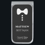 Fun Best Man White Tie Tuxedo Wedding Favor Silver Finish Money Clip<br><div class="desc">These fun money clips are designed as a gift or favor for your Best Man. They feature a fun design of a white bow tie with three white buttons over a black background, resembling a tuxedo. The text reads "Best Man" and has a place to enter his name as well...</div>