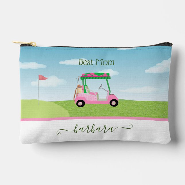 Fun Best Mom Pink Golf Cart Personalized Name Accessory Pouch (Front)