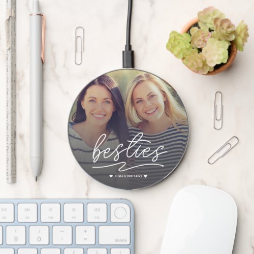 Fun Besties Script BFFs Heart Personalized Photo Wireless Charger