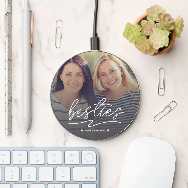 Fun Besties Script BFFs Heart Personalized Photo Wireless Charger (Desk)