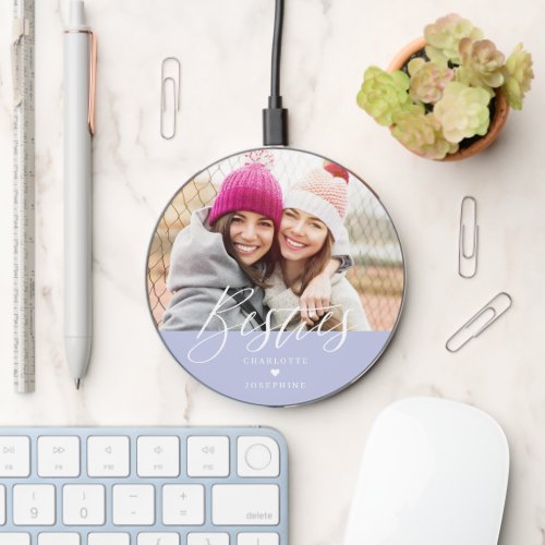 Fun Besties Script BFFs Heart Personalized Photo Wireless Charger