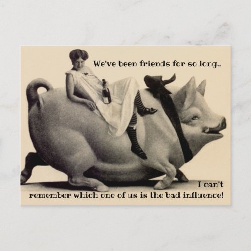 Fun BFF humor friendship laughs pig bottle woman  Postcard