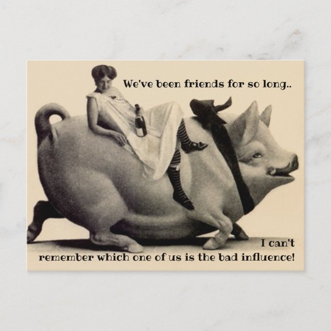 Fun BFF humor friendship laughs pig bottle woman  Postcard (Front)