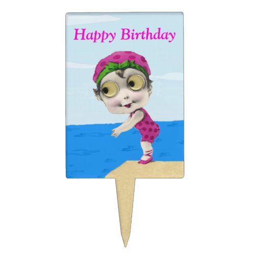 Fun Big Google Eyes Swimmer Girl in Pink Polka Dot Cake Topper