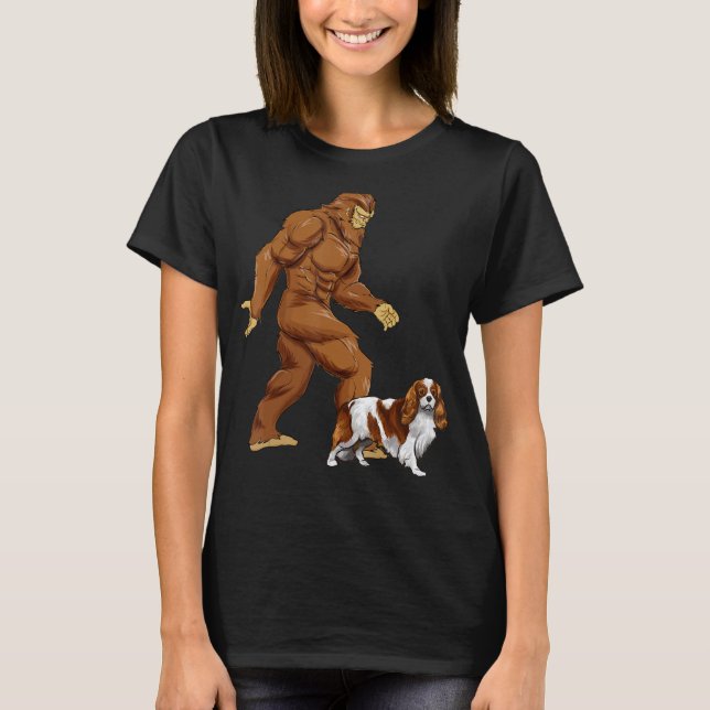 Fun Bigfoot Walking Cavalier King Charles Spaniel  T-Shirt (Front)