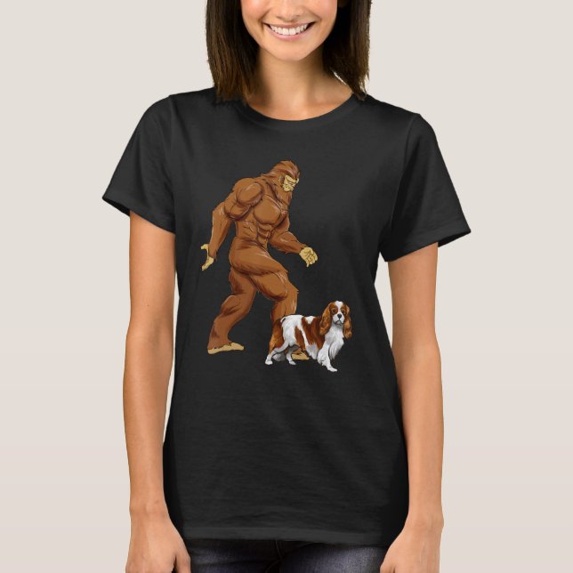 Fun Bigfoot Walking Cavalier King Charles Spaniel  T-Shirt (Front)