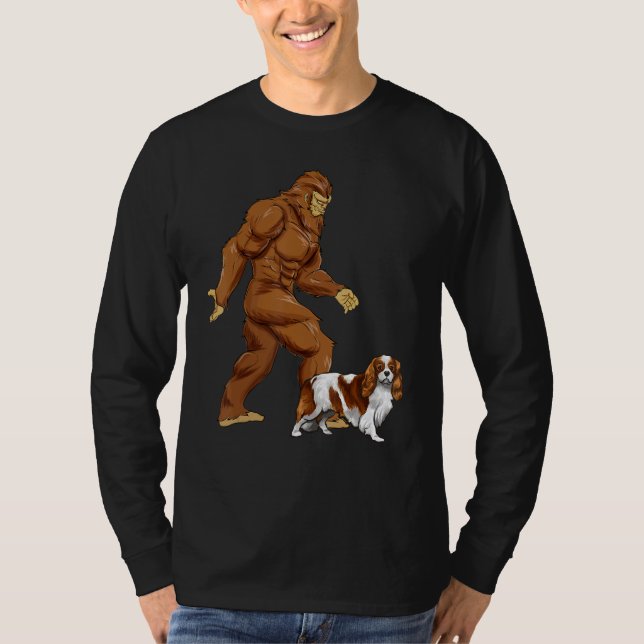 Fun Bigfoot Walking Cavalier King Charles Spaniel  T-Shirt (Front)