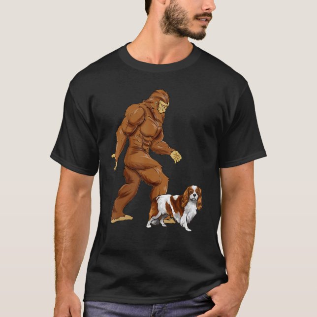 Fun Bigfoot Walking Cavalier King Charles Spaniel  T-Shirt (Front)