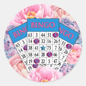 Fun Bingo Card With Flowers Blue Pink Classic Round Sticker by TrudyWilkerson at Zazzle