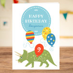 Fun Birthday Balloons Dinosaur Custom Name Age Card<br><div class="desc">Say "Happy Birthday" with this cute personalized greetings card,  featuring a Triceratops dinosaur and birthday balloons! Comes in a colorful palette of red,  green,  yellow,  blue and white,  with a fun freeform polka dot pattern inside. ♦ To add your custom name,  age and message,  click "Personalize this template".</div>