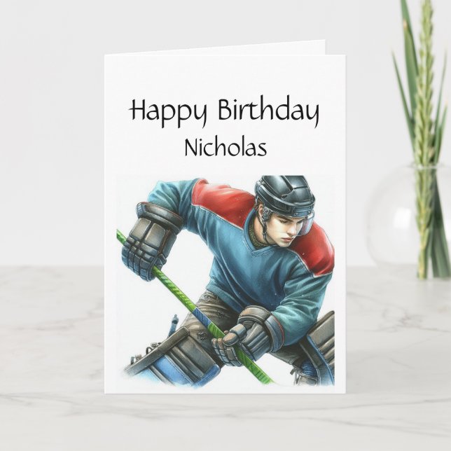 Fun Birthday Custom Name Playing Hockey Card (Front)