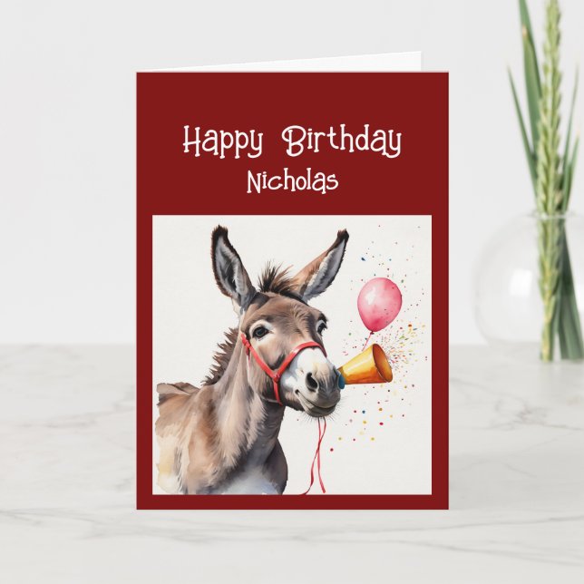 Fun Birthday Donkey Custom Name Animal Humor Holiday Card (Front)