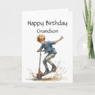 Fun Birthday Grandson  Boy on a Kick Scooter Sport Card