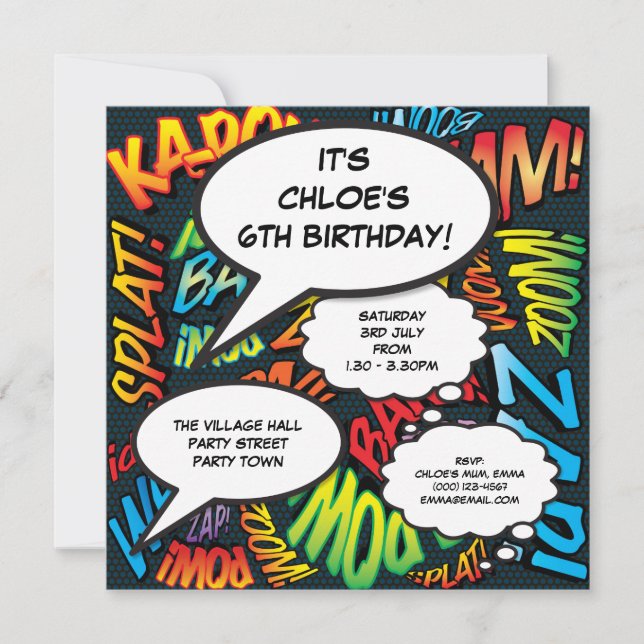 Fun Birthday Party Modern Comic Speech Bubbles Invitation (Front)