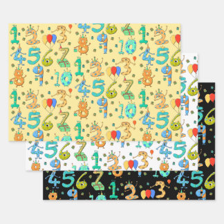 Fun Birthday Party Theme. Cute Cartoon Numbers Wrapping Paper Sheets
