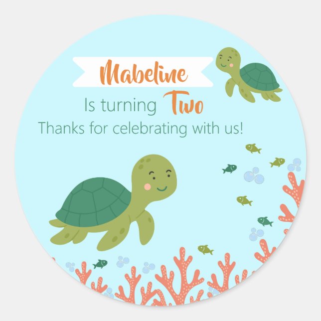 Fun Birthday Sea Turtle & Coral Reef Classic Round Sticker (Front)
